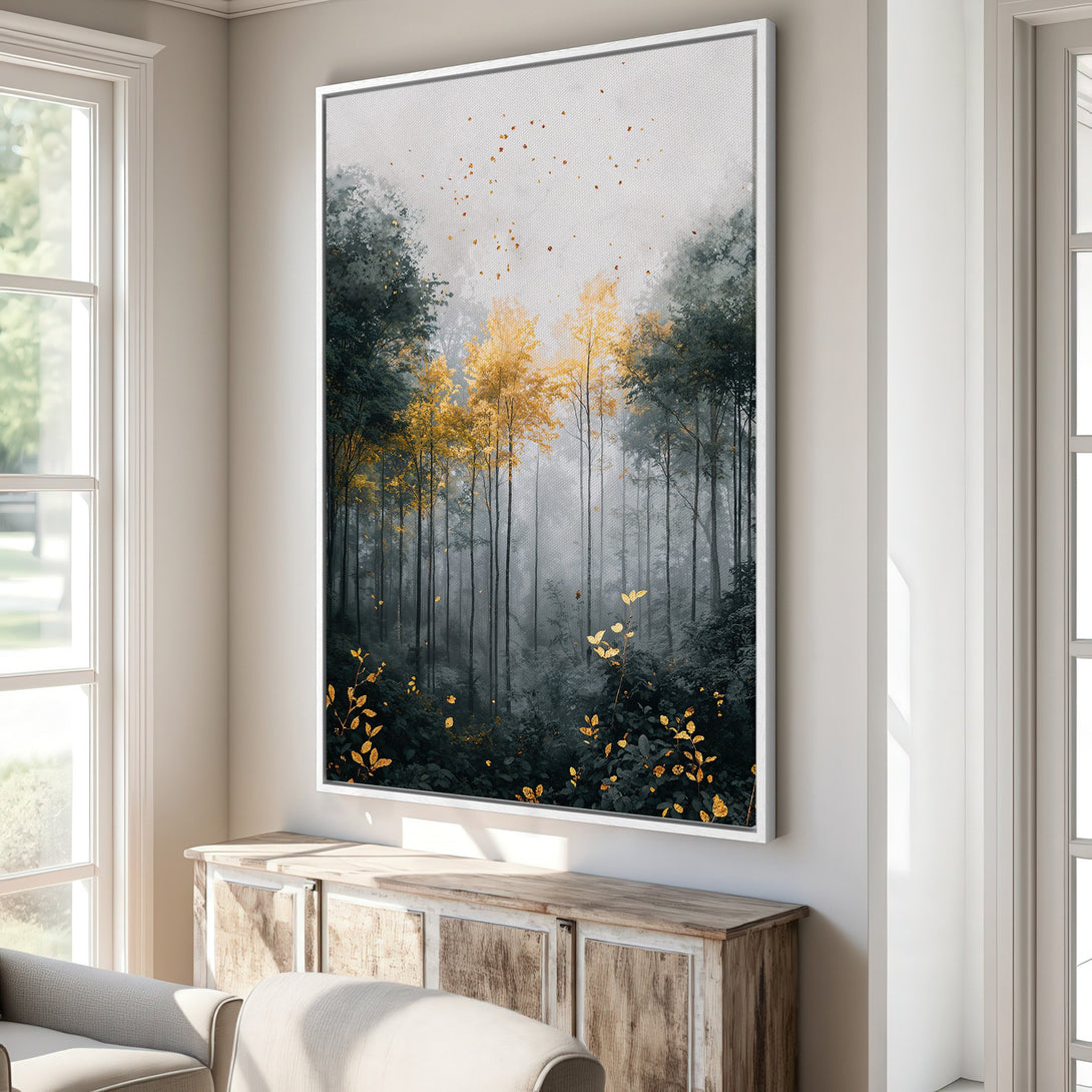 Framed Wall Art: Forest scene in moody greens and gold. Modern art print for a calming interior. Enhance your space with this beautiful canvas.
