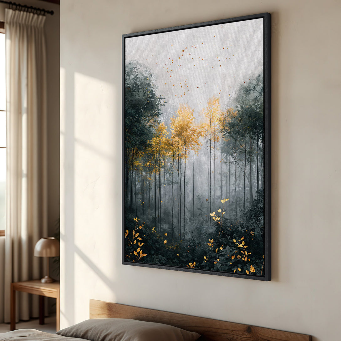 Framed Wall Art: Serene forest scene in muted greens, grays, and gold. Modern abstract style Canvas Print adds a touch of nature to your decor.