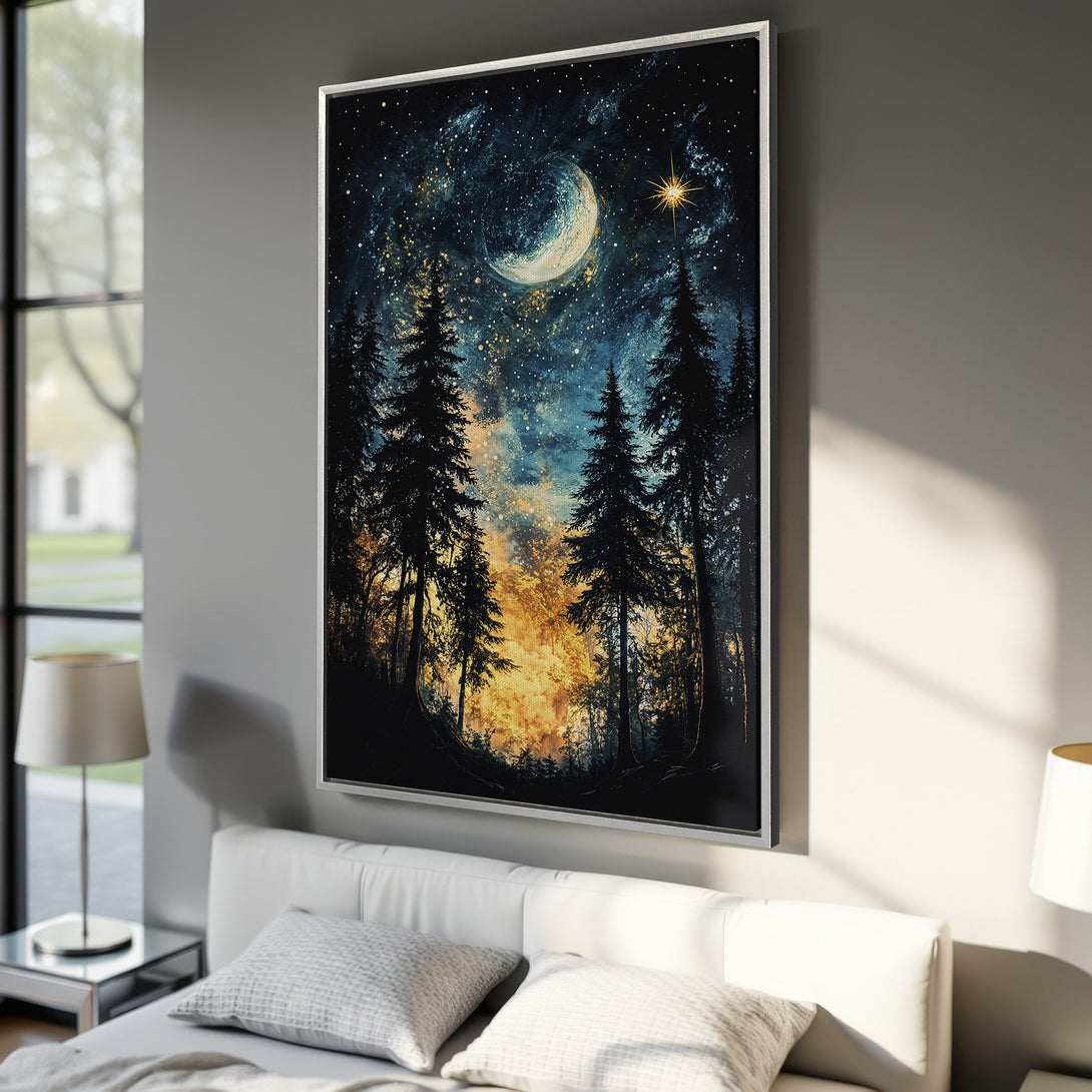 Framed Wall Art: Stunning night sky forest scene with moon & stars. Moody, artistic style with deep blues, golds, and blacks. Perfect bedroom decor.