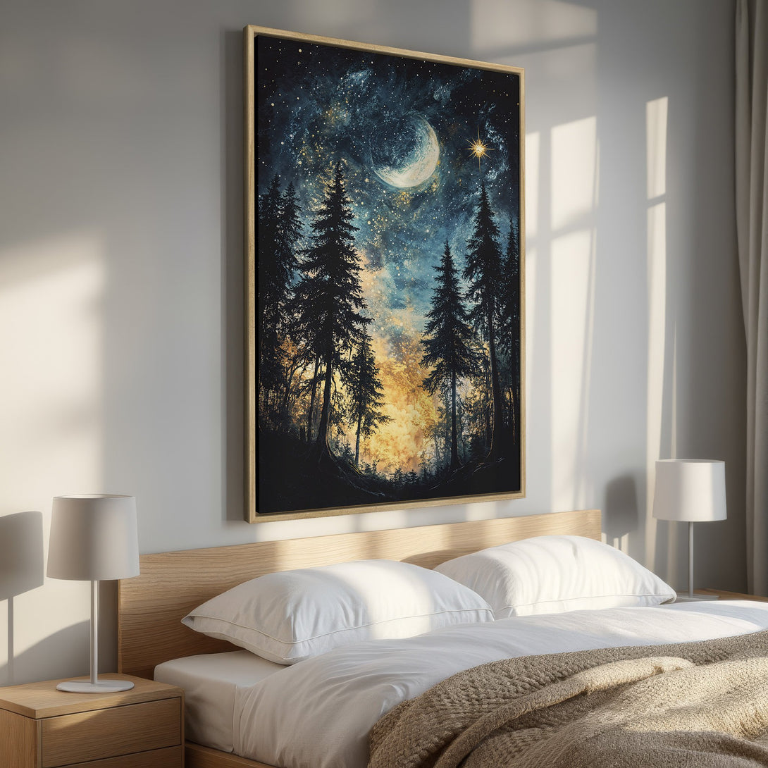 Framed Wall Art featuring a mystical forest scene with a moon and stars. Dark blue, gold, and black color palette. Perfect for bedroom decor.