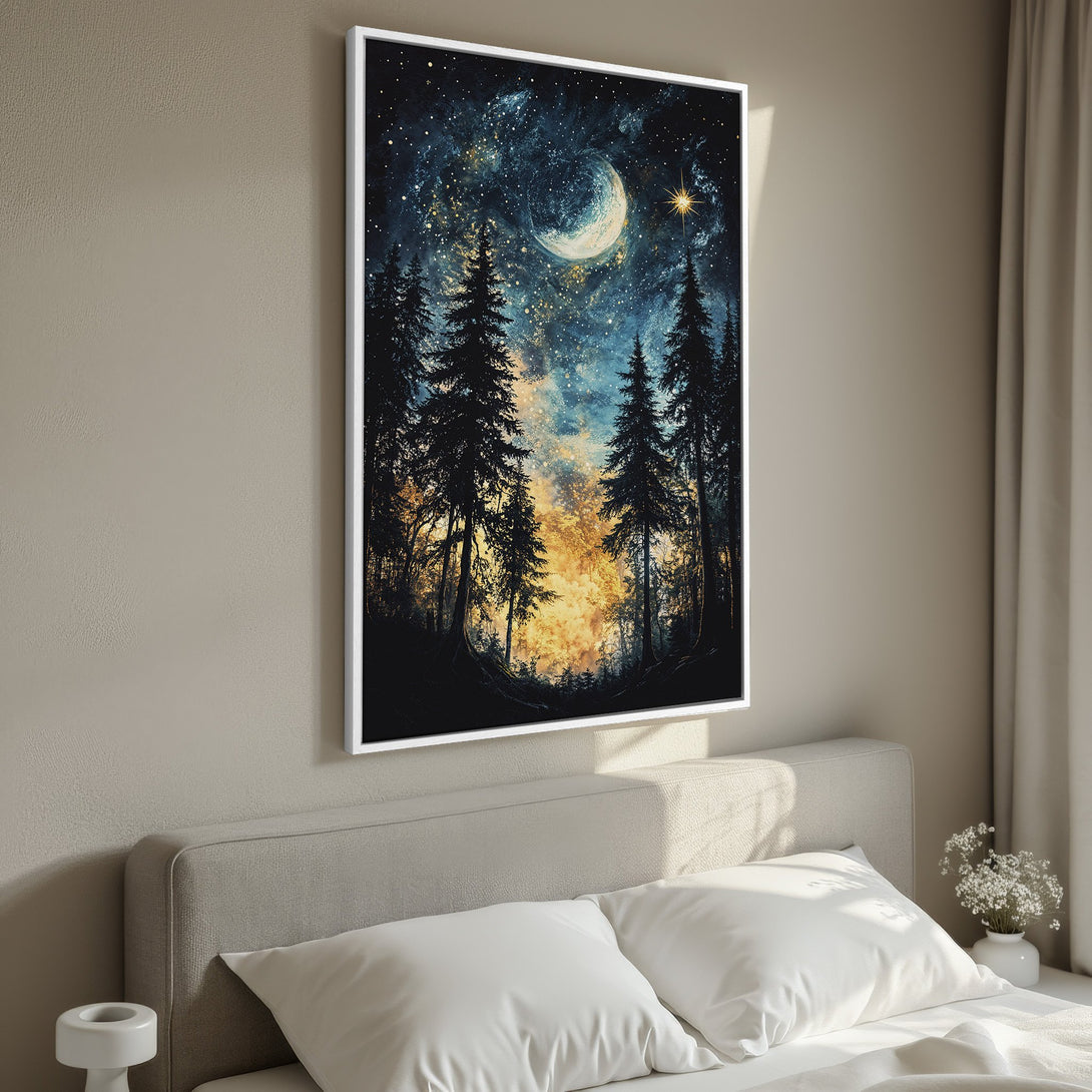 Framed Wall Art: Stunning night sky forest scene canvas print. Moody blues, golds, and blacks create a captivating landscape for your bedroom decor.