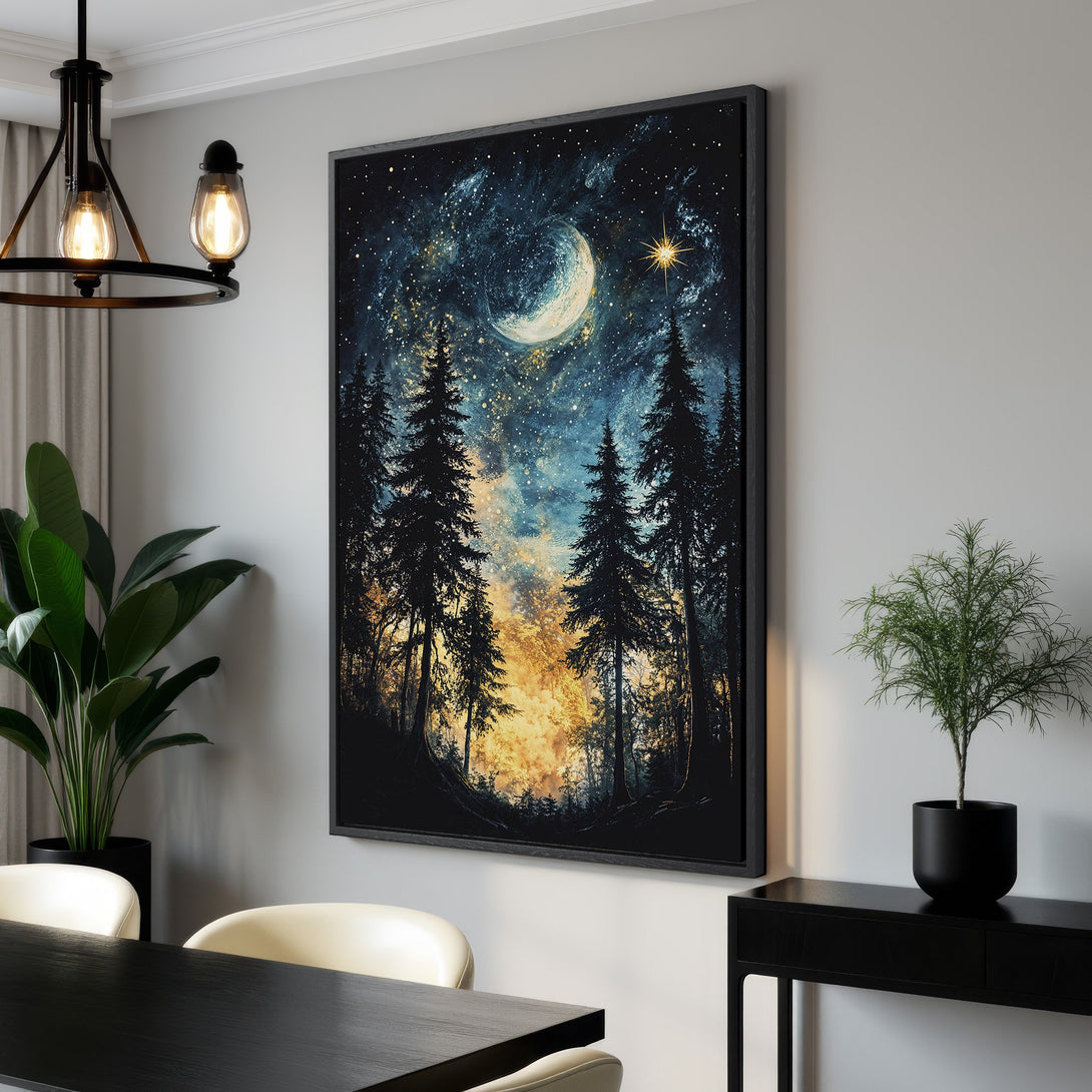 Framed Wall Art: Stunning forest night scene canvas print. Moody blues, golds, and blacks create a captivating landscape. Elevate your space with this enchanting artwork!