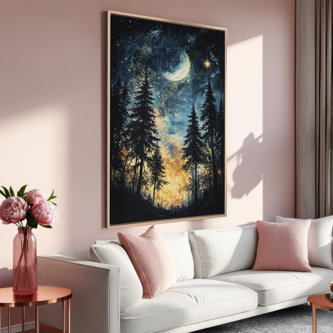 Framed Wall Art: Majestic forest scene Canvas Print with a celestial night sky in blue, gold, and black. Perfect for adding a touch of nature to your home.