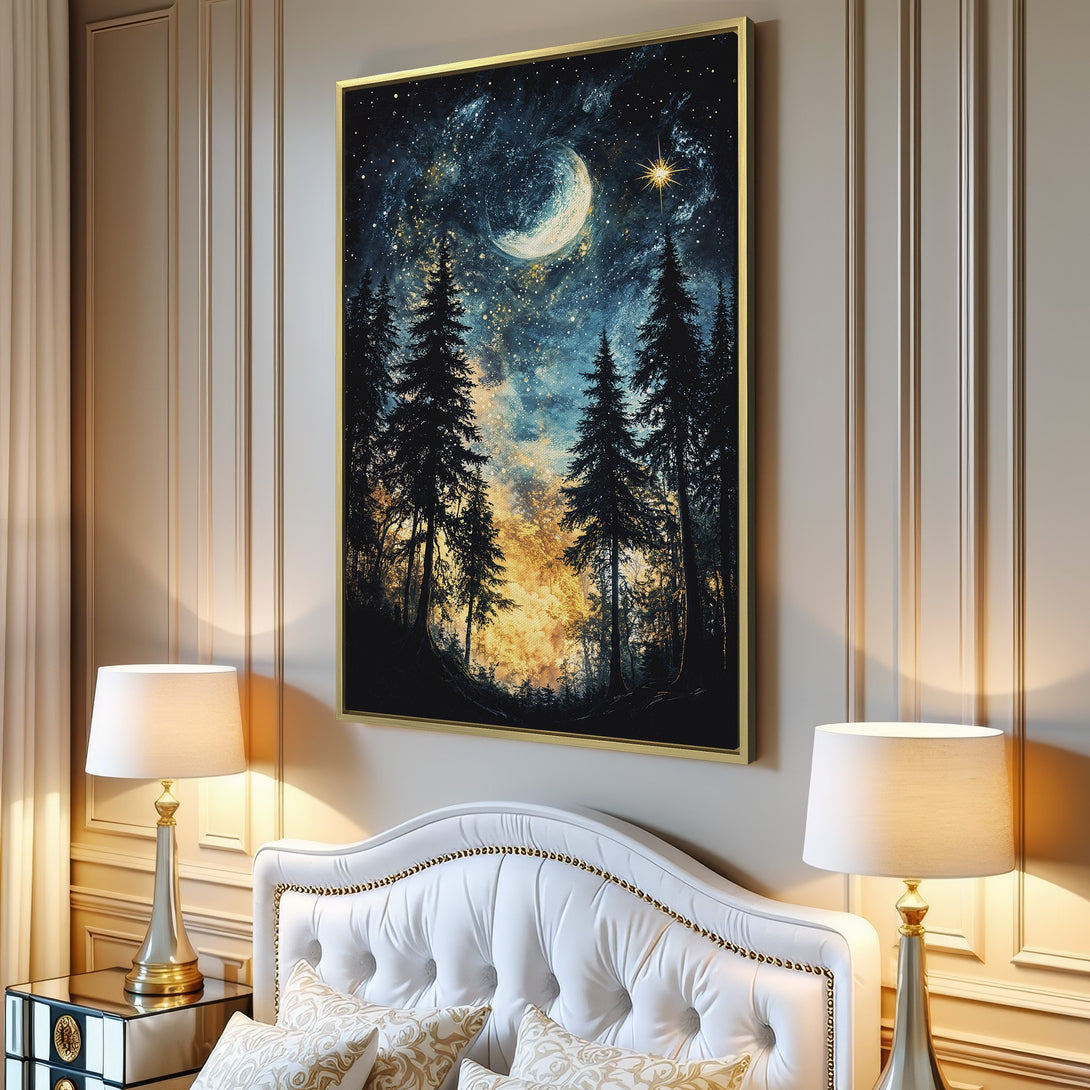 Canvas Print: Night forest scene with moon and stars. Moody, painterly style in blue, gold, and black. Perfect wall art for your living room.