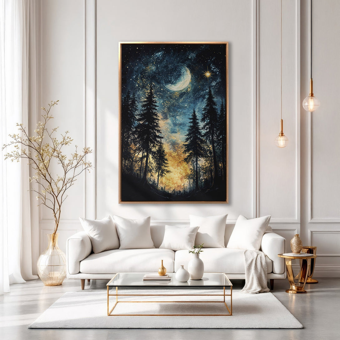 Framed Wall Art: Stunning forest night scene with a crescent moon and stars. Moody, painterly style in blue, gold, and black. Perfect for adding ambiance.