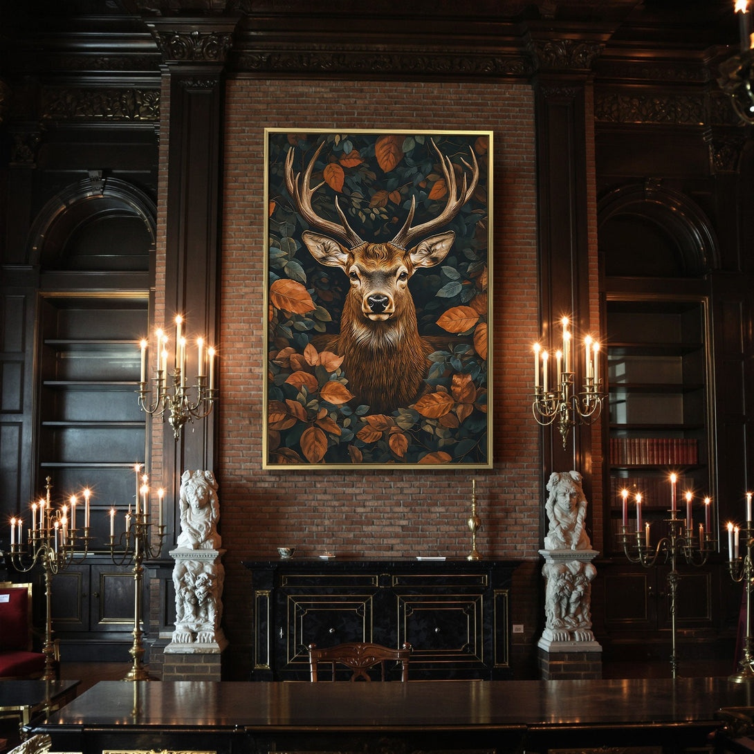 Canvas Print featuring a majestic deer surrounded by autumn leaves. Rich, warm color palette perfect for fall decor.