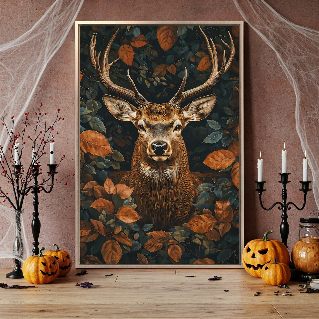 Framed Wall Art featuring a majestic deer in a forest, with a dark and moody color palette of browns and greens. Perfect for fall decor!