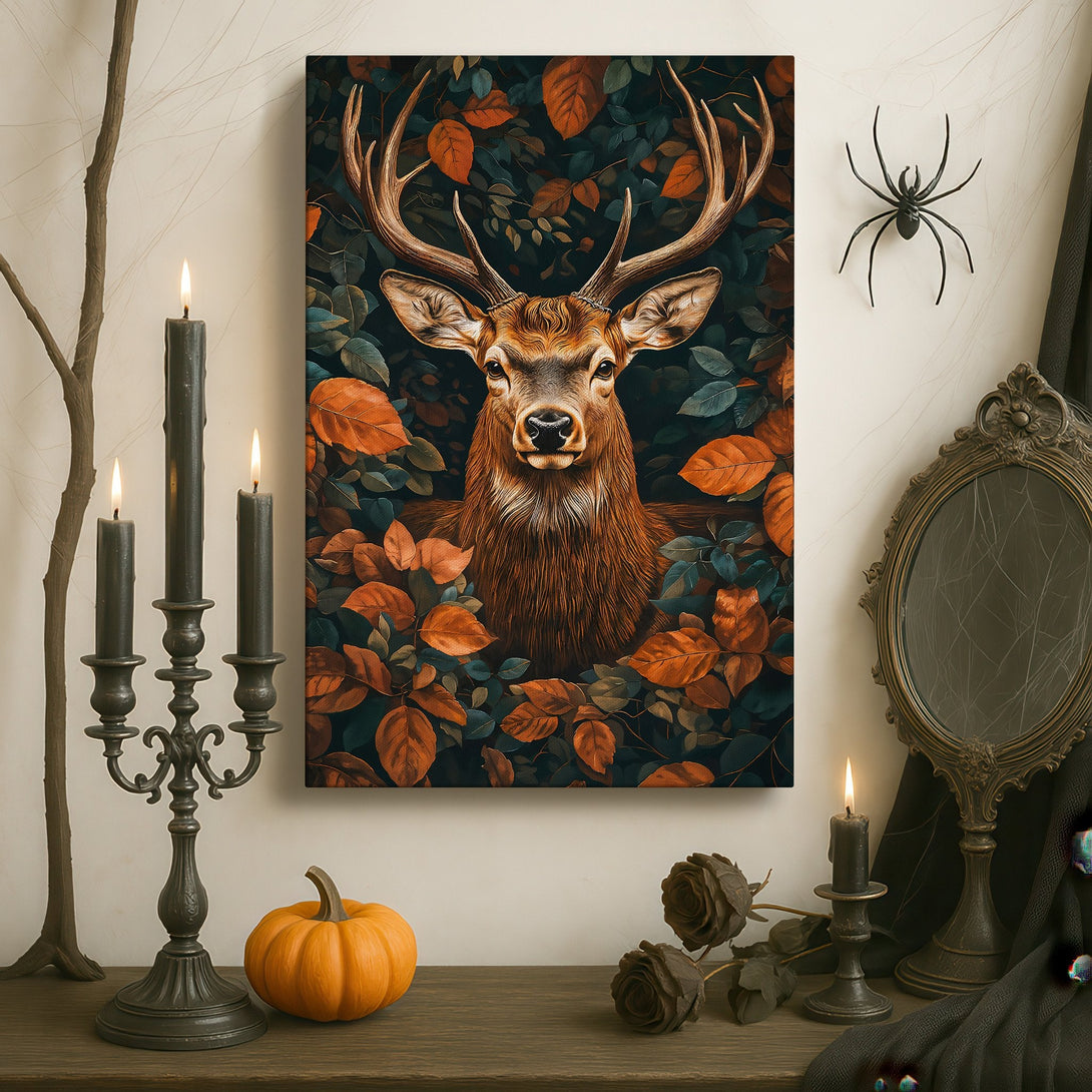 Framed Wall Art: Majestic deer canvas print with autumnal leaves. Earthy tones of brown, gold, and black create a sophisticated, nature-inspired interior.