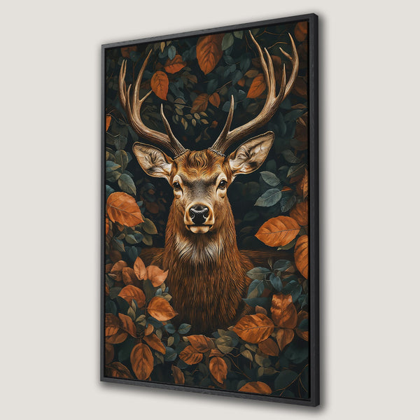 Framed Wall Art featuring a majestic deer surrounded by autumn leaves. Earth-tone color palette with a dark, moody aesthetic. Perfect for rustic decor.