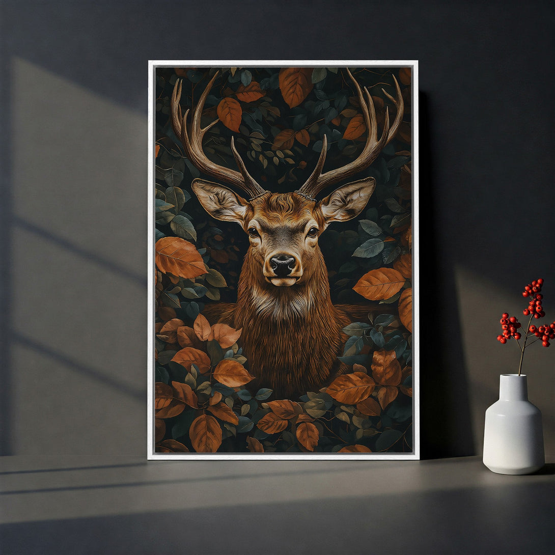 Framed Wall Art featuring a majestic deer in a dark, autumnal forest. Warm brown and orange tones create a cozy, nature-inspired aesthetic. Perfect for rustic decor.