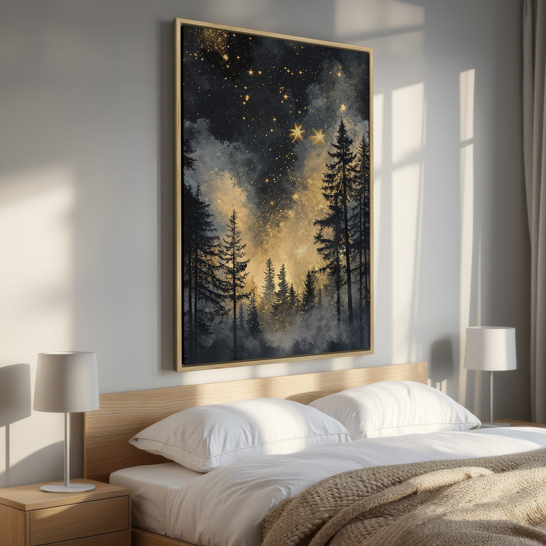 Framed Wall Art: Stunning forest scene with a starry night sky. A beautiful canvas print in a bedroom with a gold and black color palette. Elevate your space!