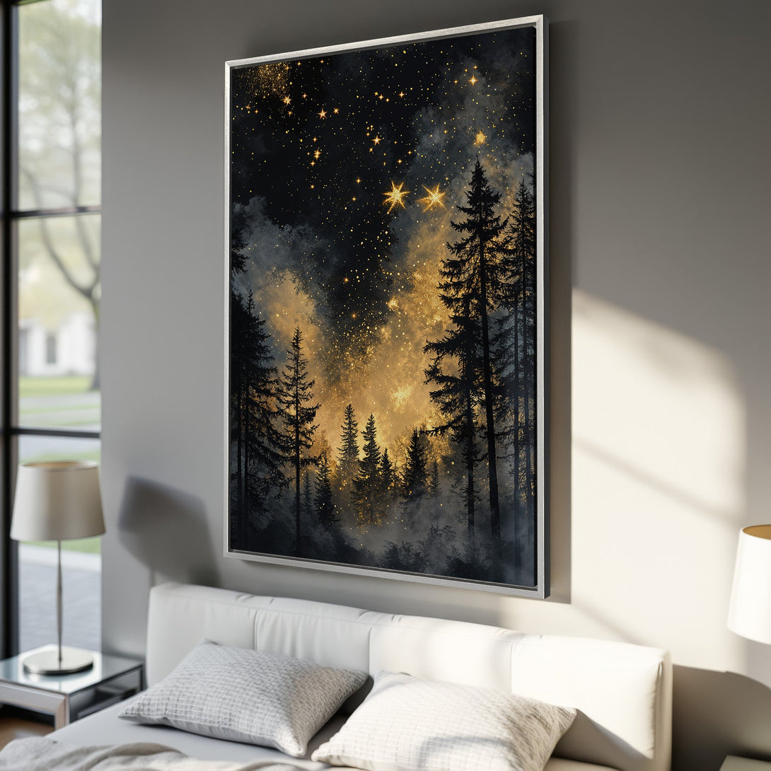 Framed Wall Art: Forest night scene with gold and black color palette. Perfect for bedroom decor. Canvas Print of starry sky and trees.
