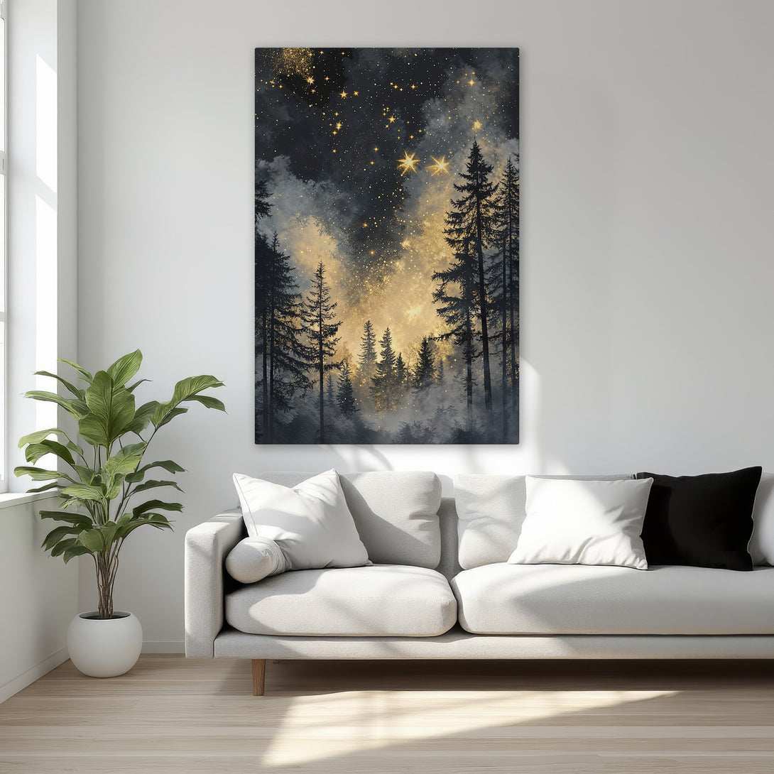 Framed Wall Art featuring a celestial forest scene in black, gold, and gray. Perfect for adding a touch of magic to your bedroom decor.