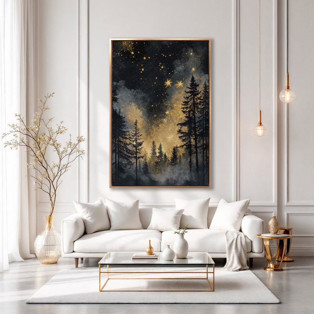 Framed Wall Art: Forest scene with gold and black tones. Modern canvas print adds a touch of elegance to any interior. Shop now for your home decor!