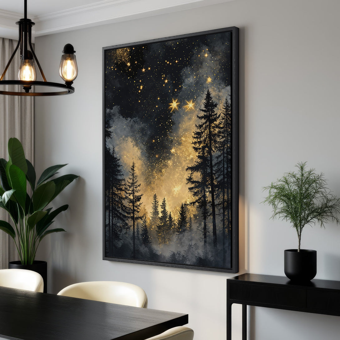 Framed Wall Art: Majestic forest scene Canvas Print with a dreamy, celestial style. Featuring a dark, gold, and black color palette. Perfect for any space!