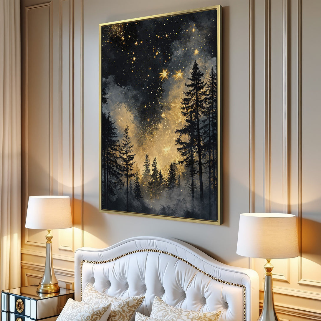 Canvas Print of a starry forest scene in a modern interior. Features a dark, moody palette with gold accents. Perfect wall art!
