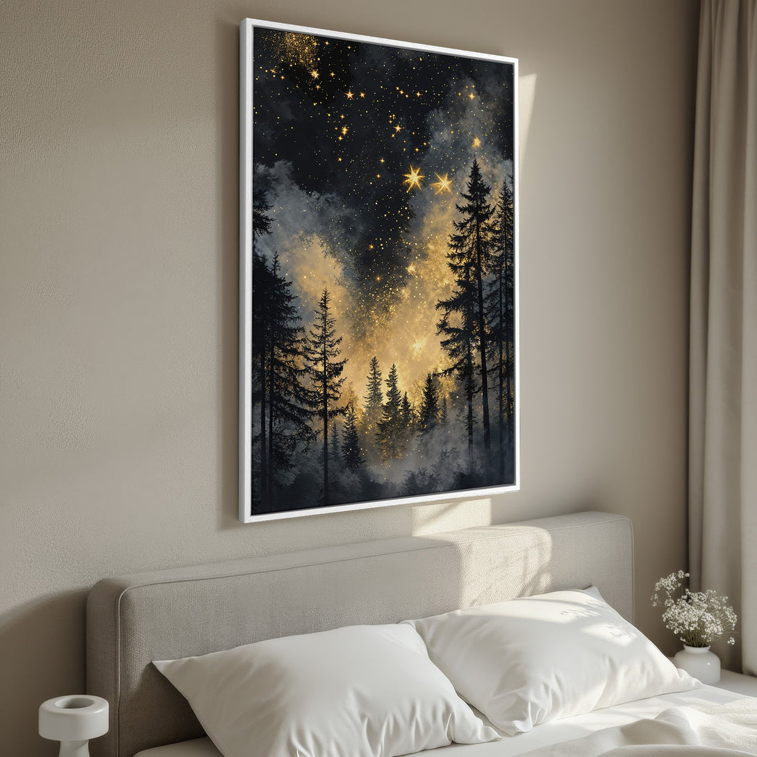 Framed Wall Art: Forest scene Canvas Print with a starry night sky, featuring black and gold tones, perfect for bedroom decor.