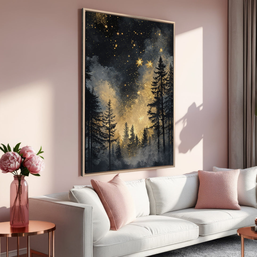 Framed Wall Art: Forest scene with stars, gold and black color palette. Perfect for adding a touch of nature and elegance to your living room.