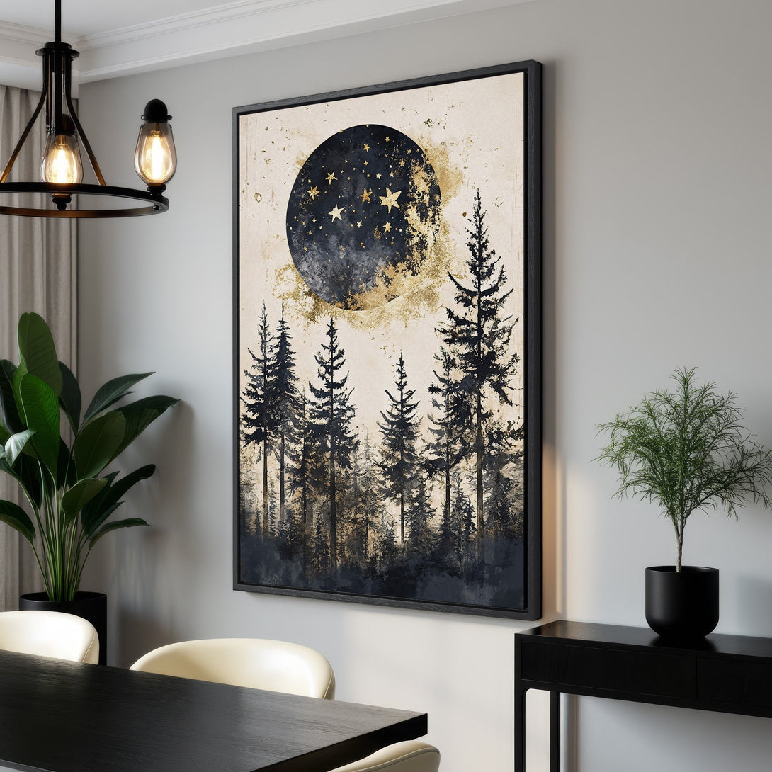 Framed Wall Art featuring a celestial forest scene in a modern, minimalist style. Dark blue, gold, and neutral color palette. Perfect for living room or bedroom decor.