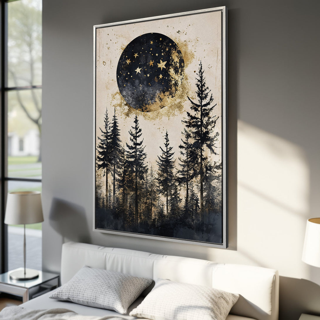 Framed Wall Art: Celestial forest scene in black, gold, and beige. Modern canvas print with a moon and stars. Perfect for bedroom decor.