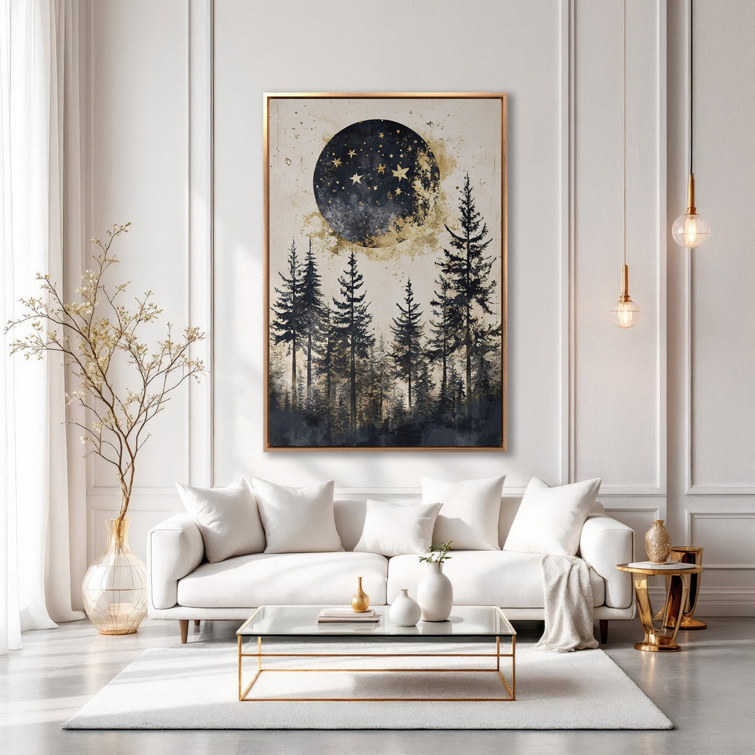 Framed Wall Art: Celestial forest scene in a gold frame. Modern art with a navy, gold, and beige color palette, perfect for adding a touch of elegance.