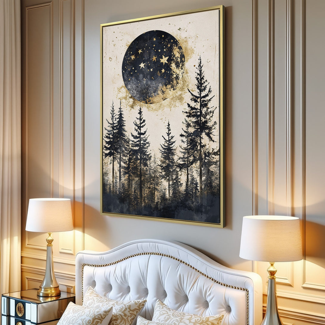 Canvas Print featuring a celestial forest scene in a watercolor style. The artwork showcases a moon and trees in a muted blue, gold, and beige palette.