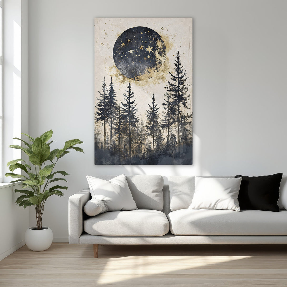 Framed Wall Art: Moonlit forest scene in black, gold, and beige. Elegant canvas print adds a touch of nature and sophistication to any interior.