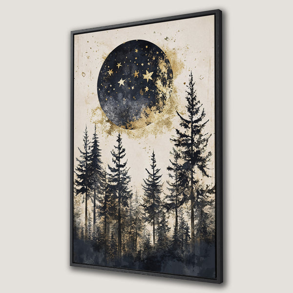 Framed Wall Art featuring a celestial forest scene with a moon and stars. Watercolor style, with a dark blue, gold, and beige color palette. Perfect for any room.