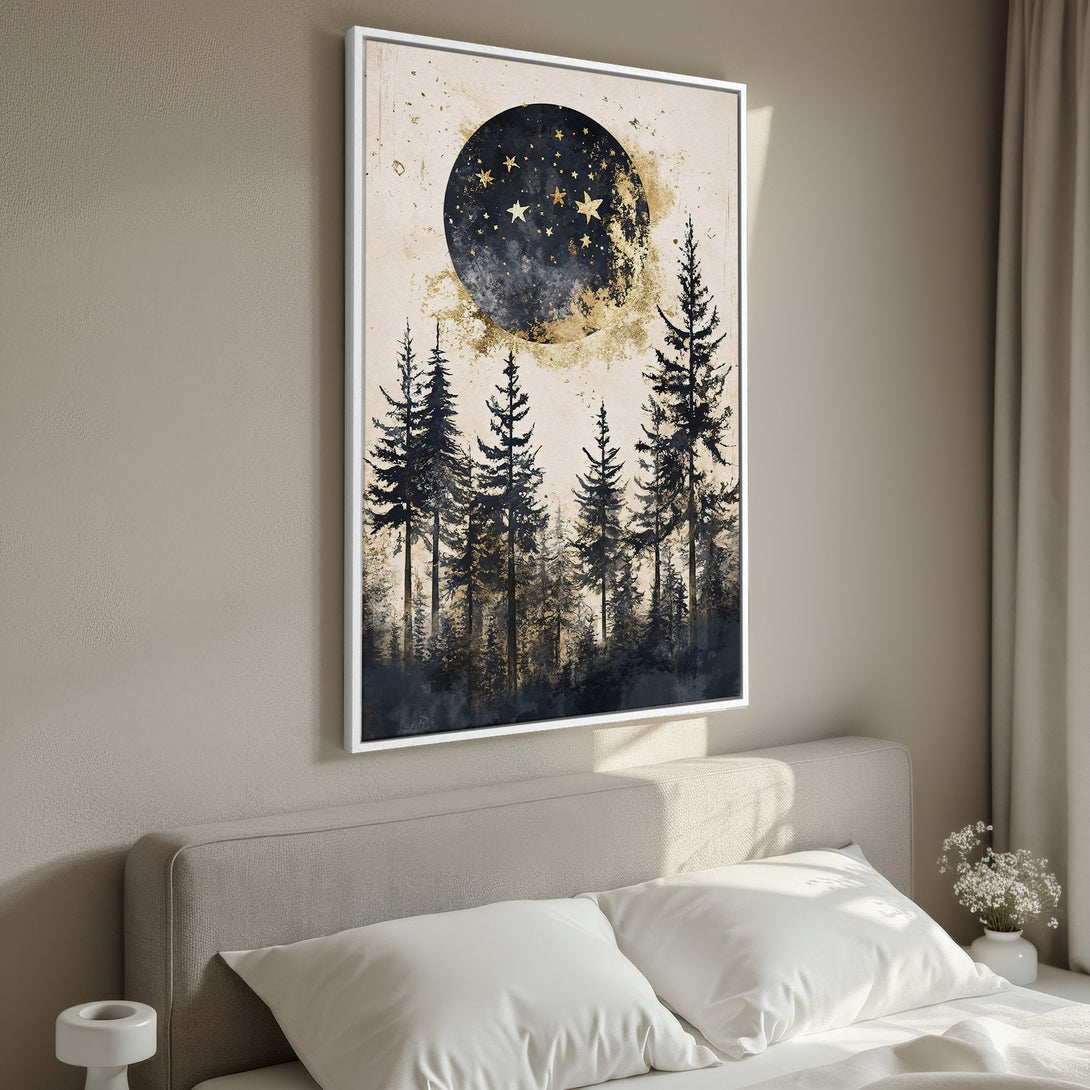 Framed Wall Art: Abstract forest scene with moon and stars. Moody, minimalist style in black, gold, and beige tones. Perfect for bedroom decor.