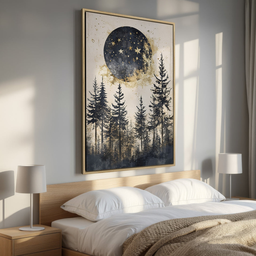 Framed Wall Art: Moonlit forest scene in navy, gold, and beige. Modern abstract art perfect for bedroom decor. Add a touch of nature to your space!