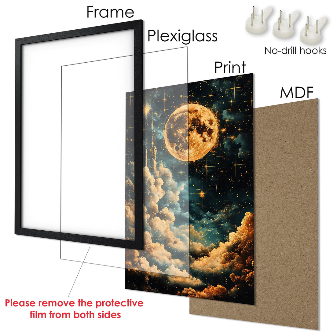 Framed Poster featuring a celestial moon and cloudscape in a dreamy, artistic style with a teal, gold, and brown color palette.