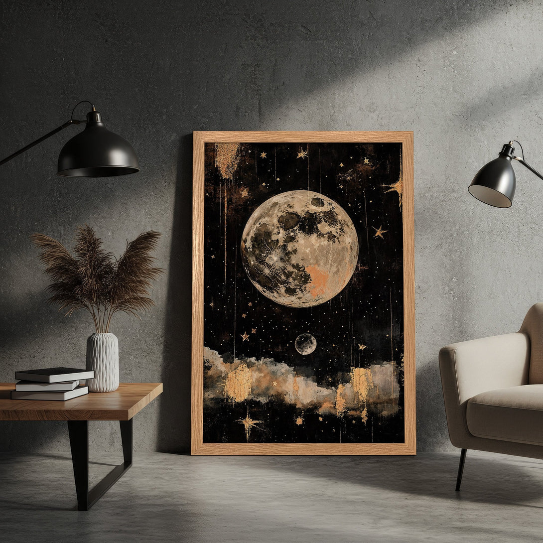 Framed Poster featuring a celestial moon art print in a vintage style with a black, gold, and neutral color palette.