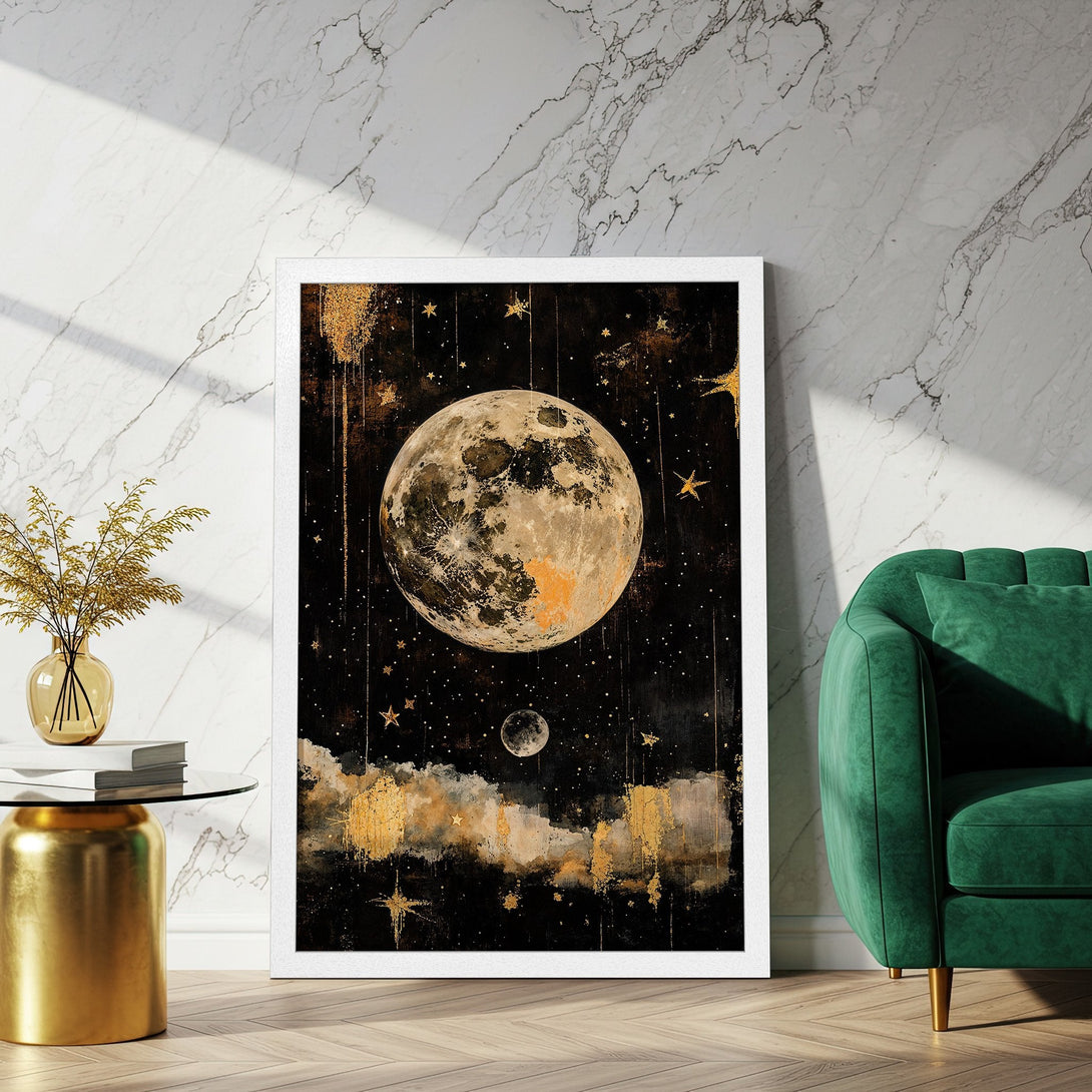 Framed Poster featuring a celestial moon and stars in a dark, gold, and black color palette. Perfect wall art for any room!