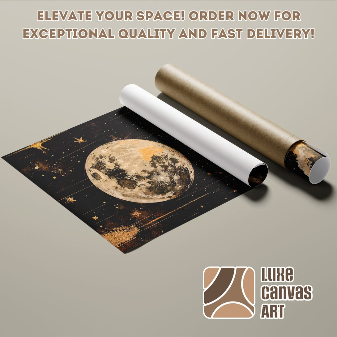 Poster Roll featuring a celestial moon design in a dark, gold, and beige palette. Elevate your space with this stunning art!