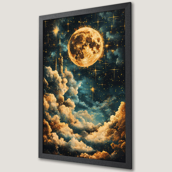 Framed Poster of a celestial scene with a moon and stars. Artistic style, featuring a gold, teal, and navy color palette. Perfect wall art!