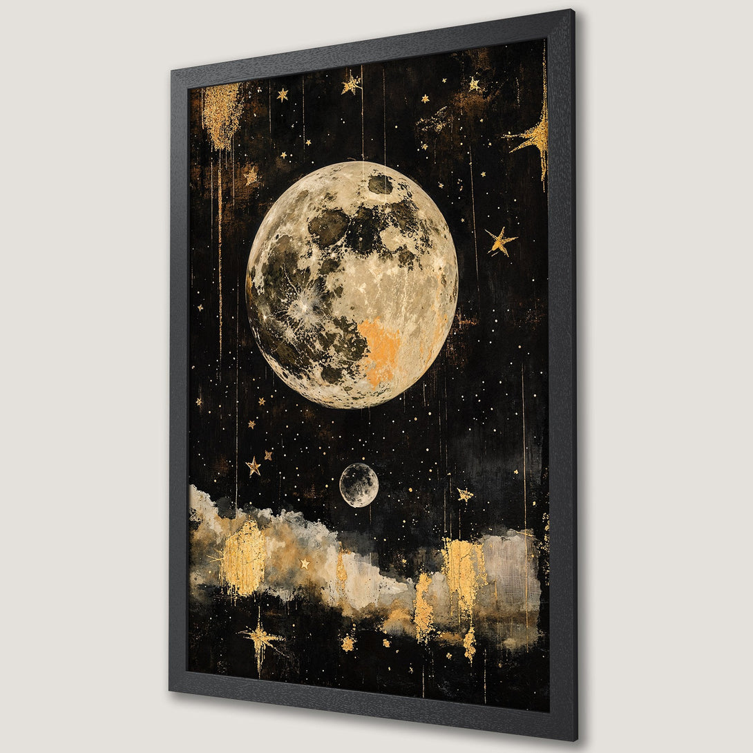 Framed Poster of a celestial moon and stars in gold and black. Abstract, artistic style. Perfect wall art for any room.