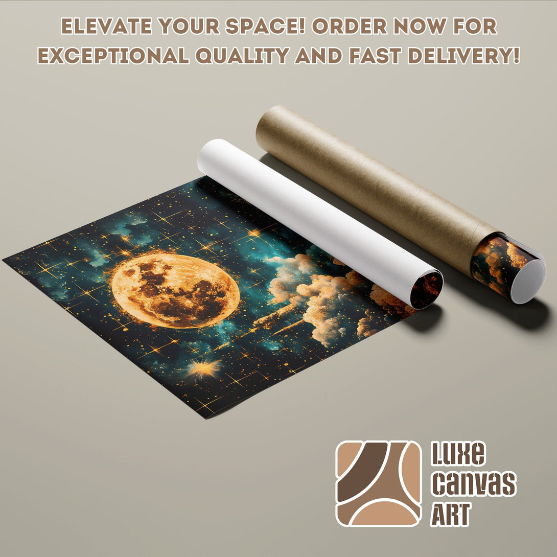 Poster Roll featuring a celestial moon and stars art print, with a dark blue and gold color palette.