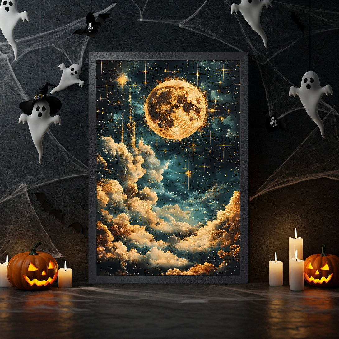 Framed Poster: Halloween night sky art print with moon, stars, and clouds. Gold, teal, and black color palette. Spooky home decor.