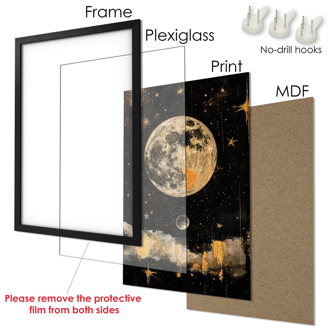 Framed Poster featuring a celestial art print with a full moon, stars, and gold accents. Dark, moody color palette.