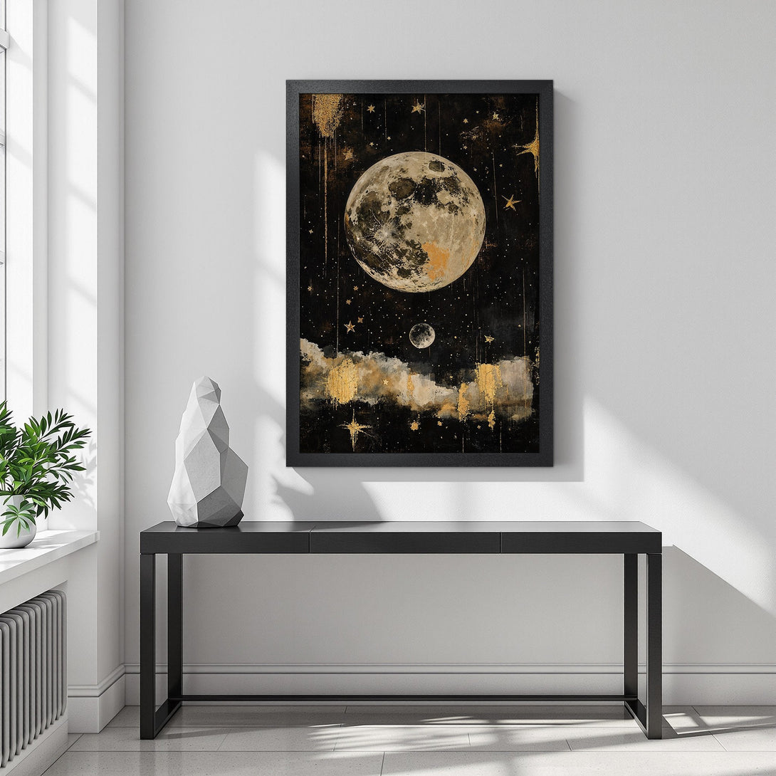Framed Poster of a celestial moon and stars art print, with a black, gold, and cream color palette. Perfect wall decor!