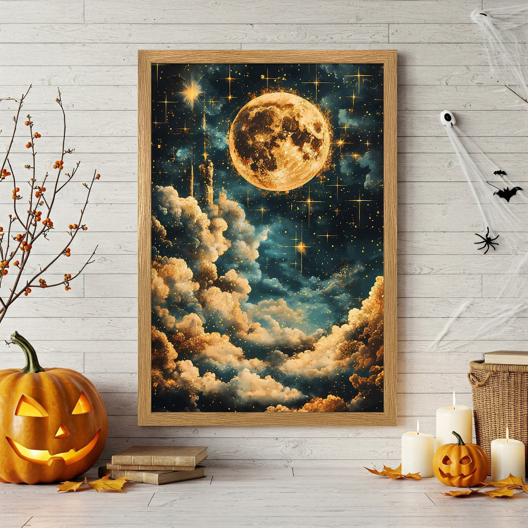 Framed Poster featuring a mystical moonlit sky with gold and teal hues. Perfect Halloween decor!