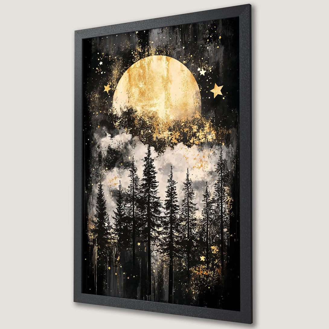 Framed Poster featuring a moonlit forest scene with gold accents. Modern art style, black, gold, and white color palette. Perfect wall decor.