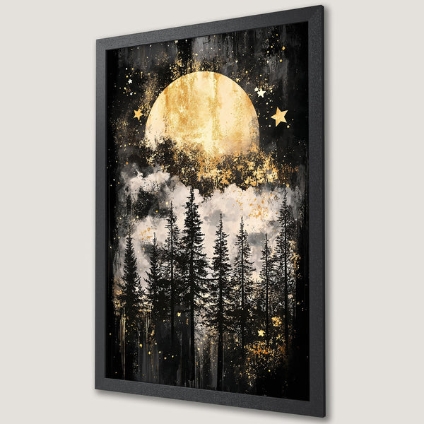 Framed Poster featuring a moonlit forest scene with gold accents. Modern art style, black, gold, and white color palette. Perfect wall decor.