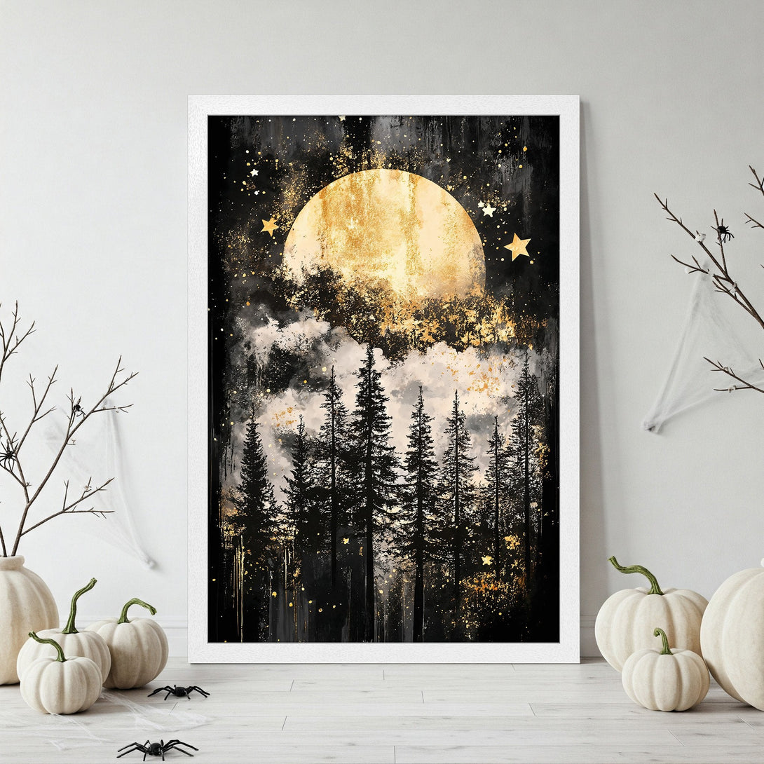 Framed Poster featuring a mystical forest scene with a golden moon and stars. Black, gold, and white color palette. Perfect Halloween decor!