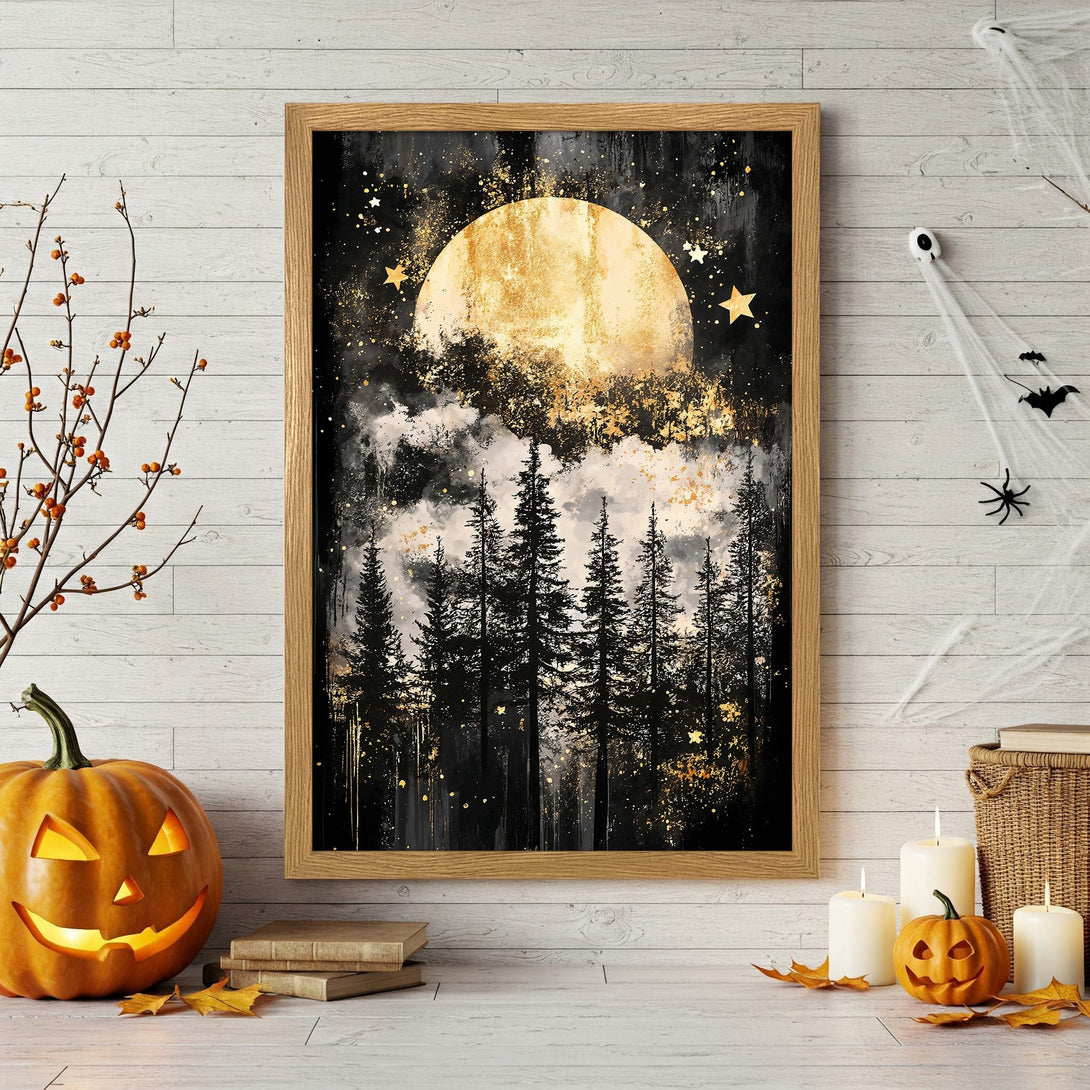 Framed Poster featuring a mystical forest scene with a golden moon, in a black, gold, and white color palette. Perfect Halloween decor!