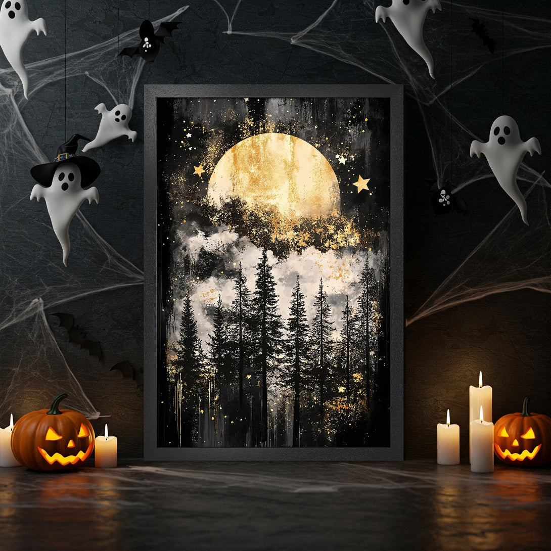 Framed Poster: Spooky forest scene with moon, gold & black palette. Perfect Halloween decor! Get yours today.