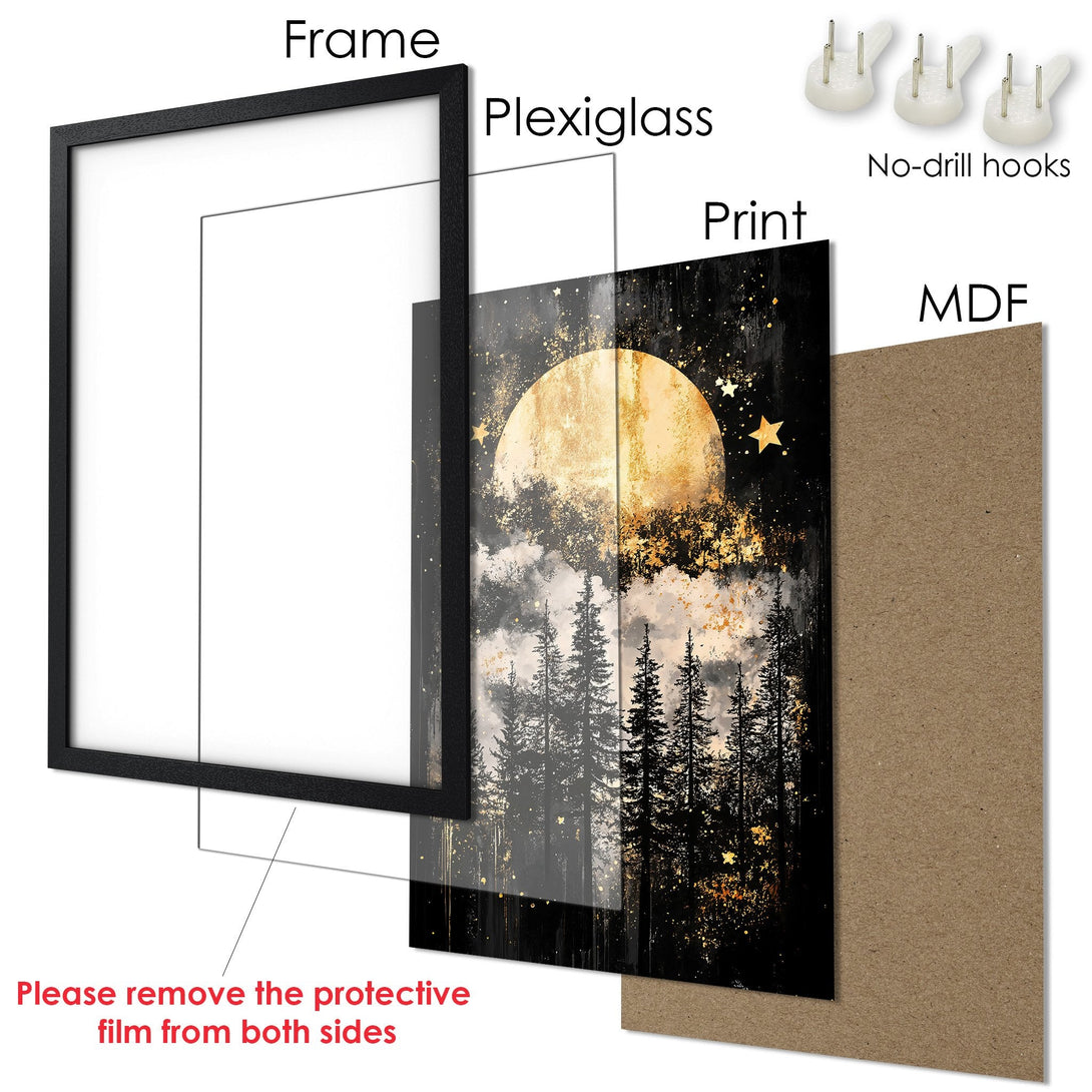 Framed Poster featuring a moonlit forest scene. Art print style with black, gold, and white color palette. Ready to hang!