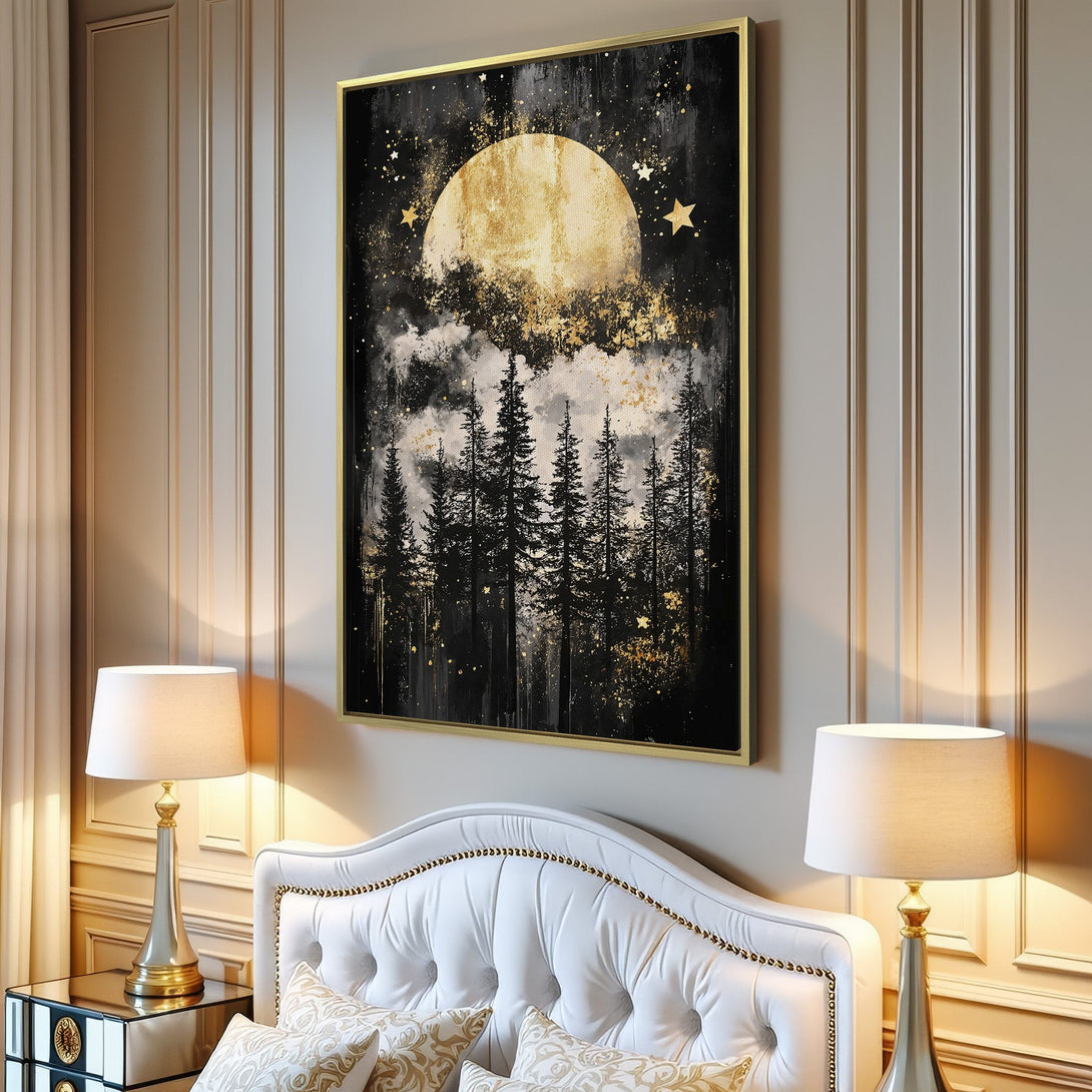 Canvas Print of a moonlit forest scene in black, gold, and white. Modern abstract art for your living room decor.