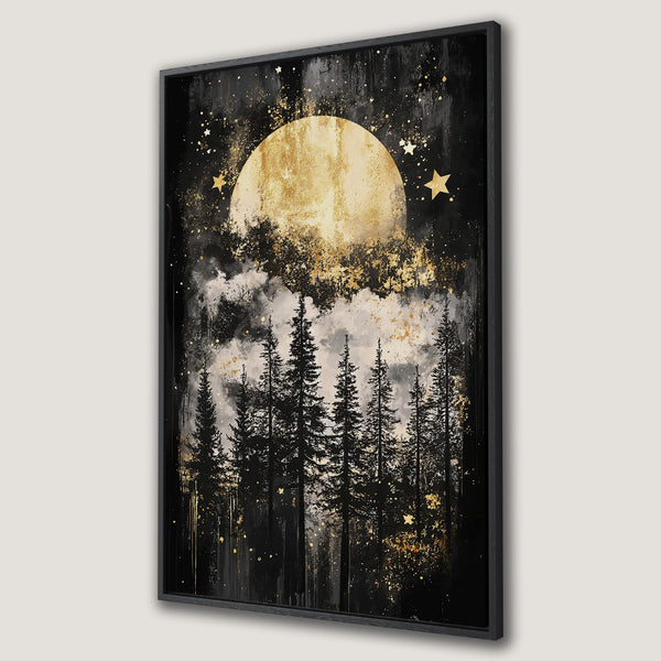 Framed Wall Art featuring a mystical forest scene with a golden moon and stars. Black, gold, and white color palette, perfect for adding a touch of magic to your home.