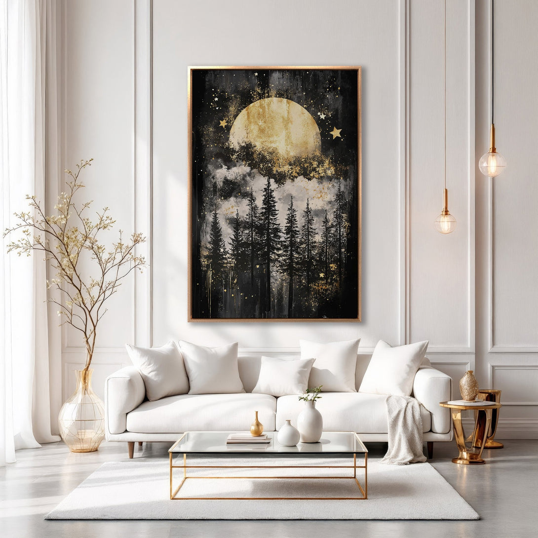 Framed Wall Art: Abstract forest landscape with moon & stars. Black and gold art print adds modern elegance to a white living room. Shop now!